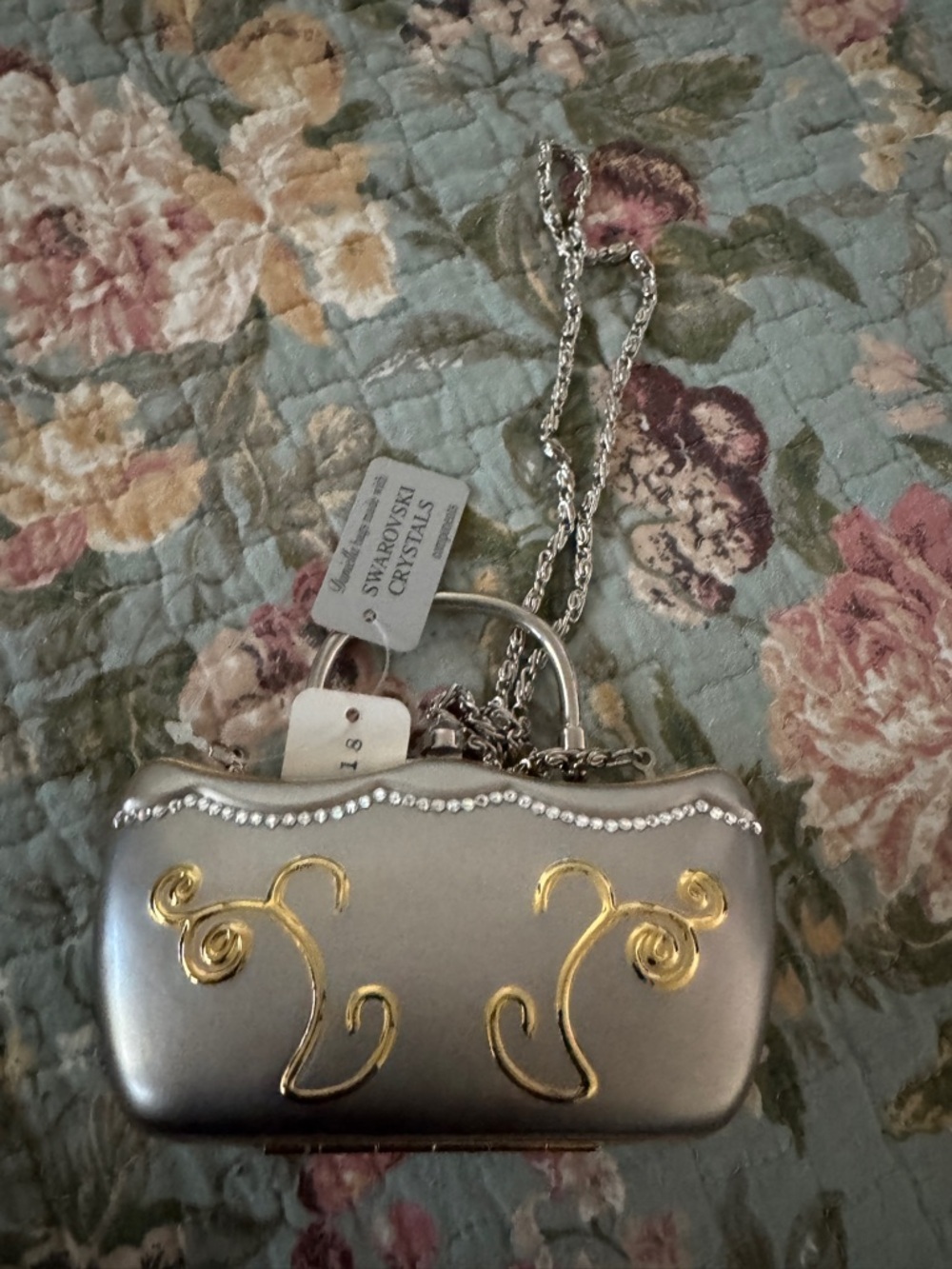 Silver Evening Clutch with Gold Accents and Crystal Trim